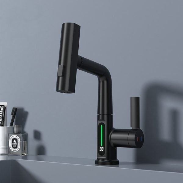 LED temperature digital display basin faucet waterfall pull out water mixer tap - 图片 3