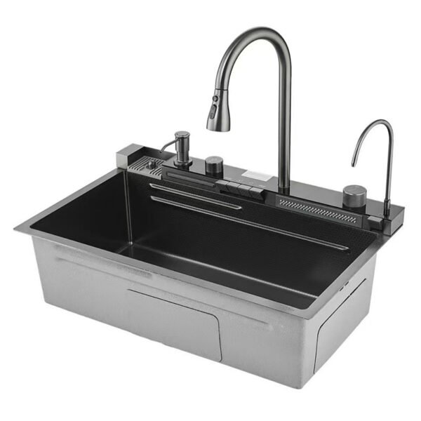 Anti-Scratch Stainless Steel Kitchen Sink Handmade Single Bowl Slot Multifunction Smart Waterfall Sink - 图片 4