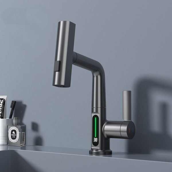 LED temperature digital display basin faucet waterfall pull out water mixer tap - 图片 5