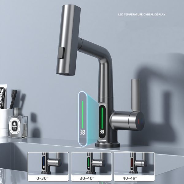 LED temperature digital display basin faucet waterfall pull out water mixer tap - 图片 2