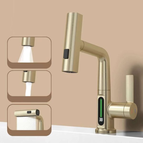 LED temperature digital display basin faucet waterfall pull out water mixer tap - 图片 7