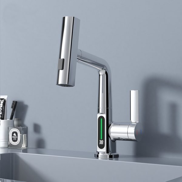 LED temperature digital display basin faucet waterfall pull out water mixer tap - 图片 4